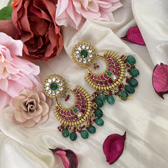 Vriksham Floral Chandbali Earring-Red Green & White-Pearls-Green Beads-J3179