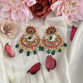 Vriksham Floral Chandbali Earring-Red Green & White-Pearls-Green Beads-J3177