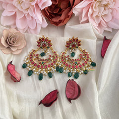 Vriksham Floral Chandbali Earring-Red Green & White-Pearls-Green Beads-J3177