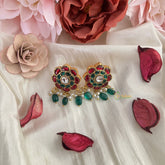 Vriksham Floral Stud Earring-Red Green & White-Pearls-Green Beads-J3176