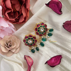 Vriksham Floral Stud Earring-Red Green & White-Pearls-Green Beads-J3176