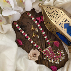 Vriksham Designer Peacock Pendant Kundan Jadau Neckpiece-Red-White Bead-J2896