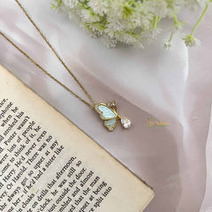 Vriksham Butterfly Pendant Gold Alike Anti Tarnish Necklace Chain-Sky Blue-G20950