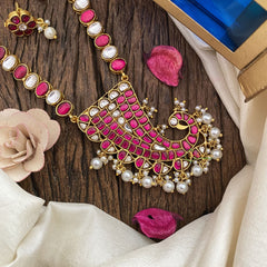 Vriksham Designer Peacock Pendant Kundan Jadau Neckpiece-Red-White Bead-J2896