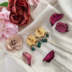 Vriksham Floral Stud Earring-Red Green & White-Pearls-Green Beads-J3176