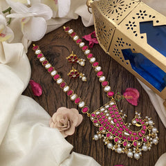 Vriksham Designer Peacock Pendant Kundan Jadau Neckpiece-Red-White Bead-J2896