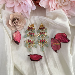 Vriksham Lotus Earring-Red Green & White-Pearls-Pastel Green Beads-J3181