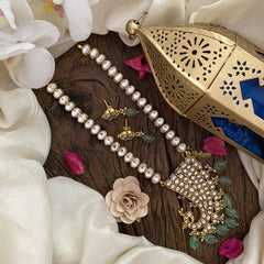 Vriksham Designer Peacock Pendant Kundan Jadau Neckpiece-White-Pastel Green Bead-J2897