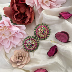 Vriksham Peacock Jadau Kundan Stud Earring-Red Green-J3197