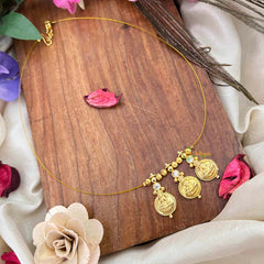 Vriksham Traditional Laxmi Coin With White Stone Stud Closed 3 Pendant Invisible Chain-KG22307