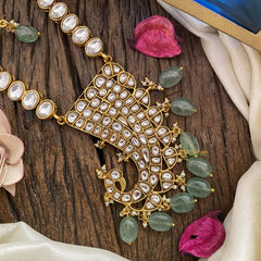 Vriksham Designer Peacock Pendant Kundan Jadau Neckpiece-White-Pastel Green Bead-J2897