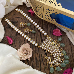 Vriksham Designer Peacock Pendant Kundan Jadau Neckpiece-White-Pastel Green Bead-J2897