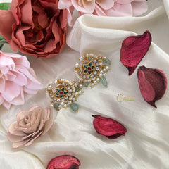 Vriksham Floral Half Moon Kundan Jadau Stud Earring-Red Green & White-Pearls-J3205