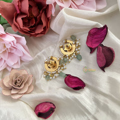 Vriksham Floral Half Moon Kundan Jadau Stud Earring-Red Green & White-Pearls-J3205