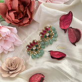 Vriksham Unique Lotus Stud Earring-Red Green & White-Pearls-Aqua Green Beads-J3187