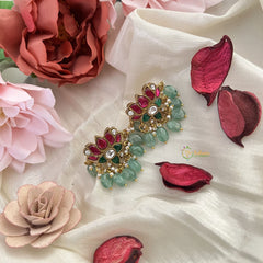 Vriksham Unique Lotus Stud Earring-Red Green & White-Pearls-Aqua Green Beads-J3187