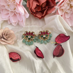 Vriksham Unique Lotus Stud Earring-Red Green & White-Pearls-Aqua Green Beads-J3187