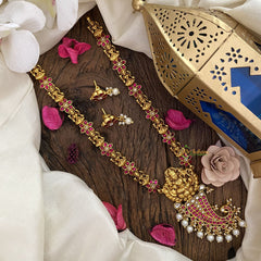 Vriksham Lakshmi & Peacock Pendant Kundan Jadau Neckpiece-Red-White Bead-J2898