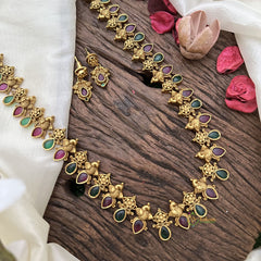 Vriksham Peacock Coin With Red Green Stone Tear Drop Neckpiece-G16196