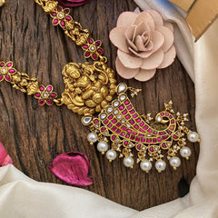 Vriksham Lakshmi & Peacock Pendant Kundan Jadau Neckpiece-Red-White Bead-J2898