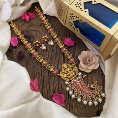 Vriksham Lakshmi & Peacock Pendant Kundan Jadau Neckpiece-Red-White Bead-J2898