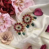 Vriksham Floral Stud Earring-Red Green & White-Pearls-Green Beads-J3175