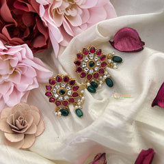 Vriksham Floral Stud Earring-Red Green & White-Pearls-Green Beads-J3175