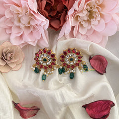 Vriksham Floral Stud Earring-Red Green & White-Pearls-Green Beads-J3175