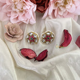 Vriksham Antique Floral Kundan Jadau Stud Earring-Red Green & White-J3206
