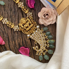 Vriksham Lakshmi & Peacock Pendant Kundan Jadau Neckpiece-White-Pastel Green Bead-J2899