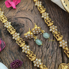 Vriksham Lakshmi & Peacock Pendant Kundan Jadau Neckpiece-White-Pastel Green Bead-J2899