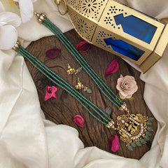 Vriksham Lakshmi Pendant Kundan Jadau Pastel Green Beaded Mala-White-Lotus-J2918