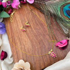 Vriksham Gold-Finish Leaf Cluster Single Pendant Invisible Chain-Red-KG22320