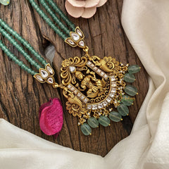 Vriksham Lakshmi Pendant Kundan Jadau Pastel Green Beaded Mala-White-Lotus-J2918