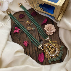 Vriksham Lakshmi Pendant Kundan Jadau Pastel Green Beaded Mala-White-Lotus-J2918