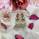Vriksham Lotus with Peacock Earring-Red White & Green-Rice Pearls- Aqua Green Beads-J3200