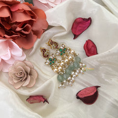 Vriksham Lotus with Peacock Earring-Red White & Green-Rice Pearls- Aqua Green Beads-J3200