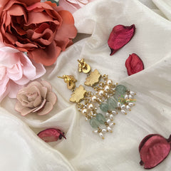 Vriksham Lotus with Peacock Earring-Red White & Green-Rice Pearls- Aqua Green Beads-J3200