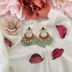 Vriksham Unique Chandbali Style Earring-Pearls-Red Green & White-Pastel Green Beads-J3189