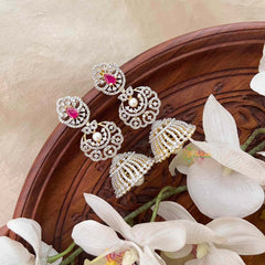 Vriksham Deep Ruby-AD Style Bridal With Pearl Accents & Tiered Chandbali Studs Jhumka Earrings-G21581