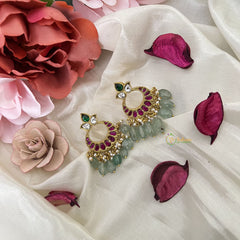 Vriksham Unique Chandbali Style Earring-Pearls-Red Green & White-Pastel Green Beads-J3189