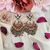 Vriksham Lotus Chandbali Earring-Red Green & White-Pearls-Pastel Green Beads-J3180