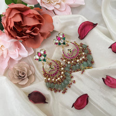 Vriksham Lotus Chandbali Earring-Red Green & White-Pearls-Pastel Green Beads-J3180