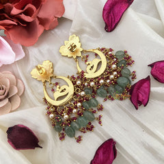 Vriksham Lotus Chandbali Earring-Red Green & White-Pearls-Pastel Green Beads-J3180