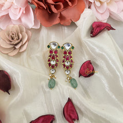 Vriksham Designer Stud Earring-Red Green & White-Aqua Green Bead-J3203