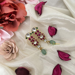 Vriksham Designer Stud Earring-Red Green & White-Aqua Green Bead-J3203