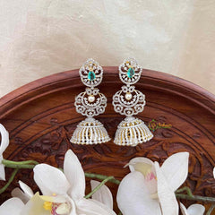 Vriksham Deep Aqua Green-AD Style Bridal With Pearl Accents & Tiered Chandbali Studs Jhumka Earrings-G21584