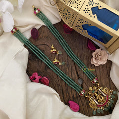 Vriksham Lakshmi Pendant Kundan Jadau Pastel Green Beaded Mala-Red Green-Lotus-J2919