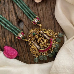 Vriksham Lakshmi Pendant Kundan Jadau Pastel Green Beaded Mala-Red Green-Lotus-J2919