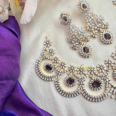 Vriksham Purple Bloom Scalloped American Diamond With Floral Drop Short Neckpiece-G21567